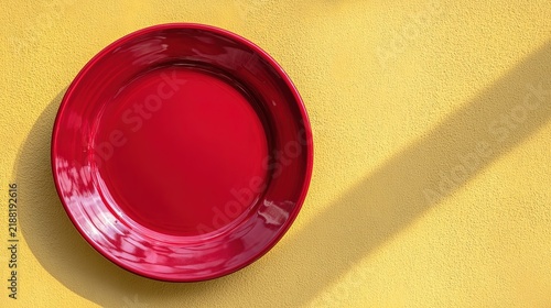 A bright red empty ceramic plate mounted on a textured yellow wall with sunlight shadow