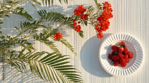Paper plate with fresh berries beside green leaves and red flowers against a textured white wall
