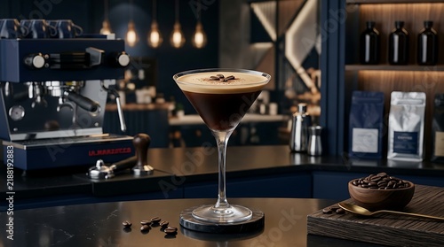 Espresso martini cocktail in a martini glass on a coffee bar counter