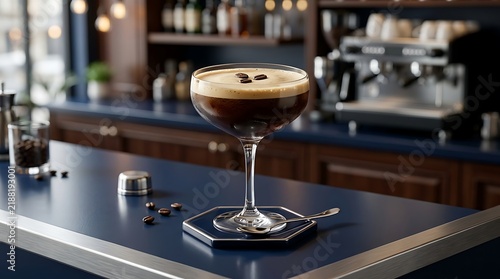Chilled espresso martini cocktail garnished with coffee beans on a bar counter