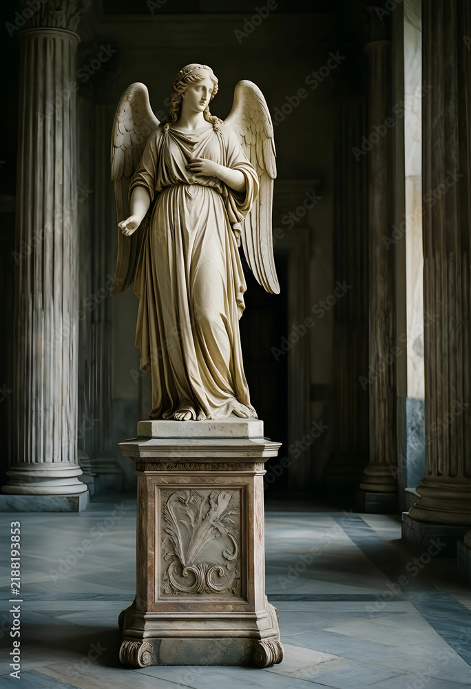 Fototapeta premium Spirituality and divine grace, marble angel statue with wings in a classical hall, religious art and historical architecture for cultural heritage