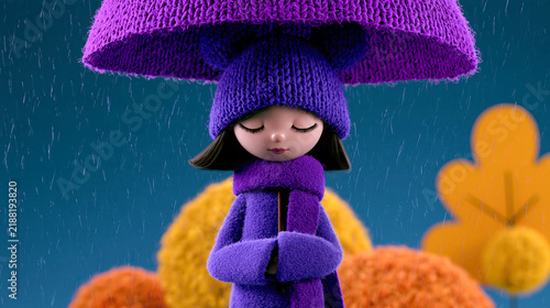 Kleines Mädchen in violetter Strickkleidung mit großem Regenschirm im herbstlichen Regen, umgeben von buntem Laub und weichen textilen Strukturen.