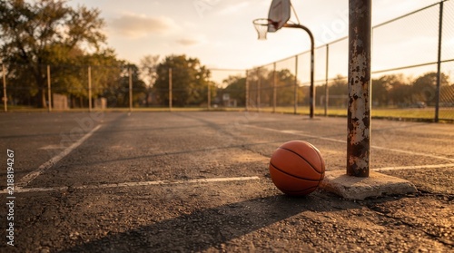 Basketball on outdoor asphalt court near hoop in golden sunlight