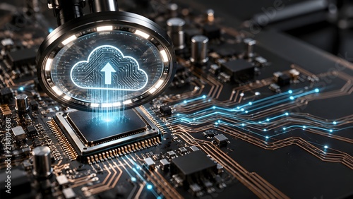 Obraz na płótnie Cloud computing upload concept with glowing digital icon on microchip circuit board illustrating hardware integration and data network infrastructure