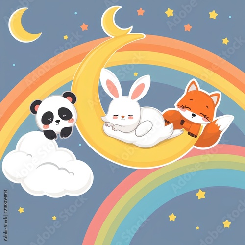 Three sleeping animals on a crescent moon with stars and rainbows