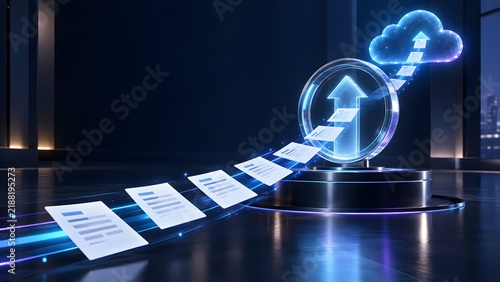 Obraz na płótnie Cloud migration data upload concept with digital documents flying through glowing upward arrow into virtual storage