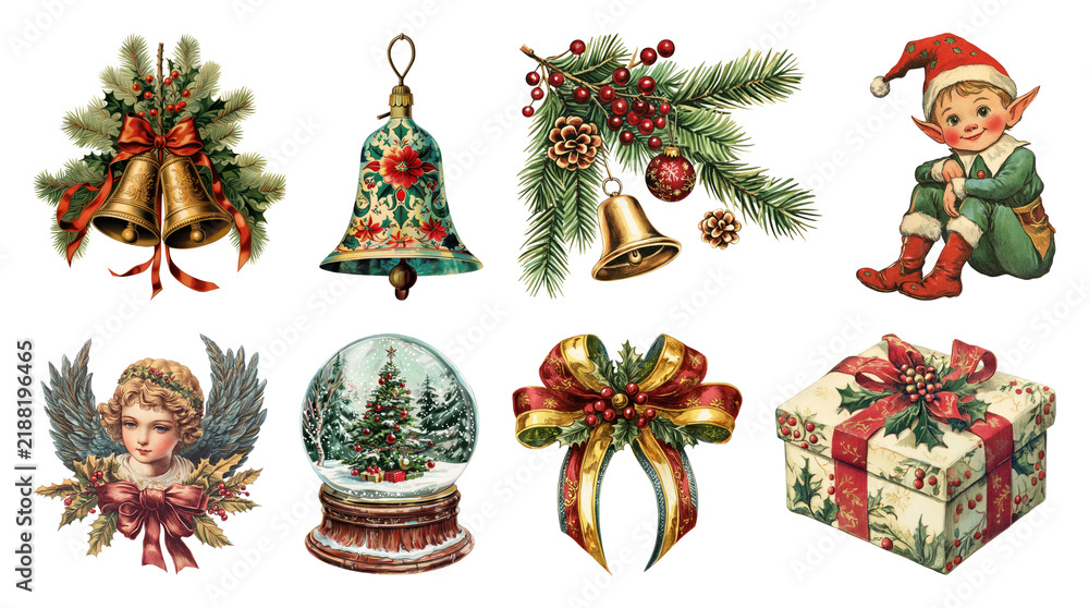 Obraz premium PNG Vintage Christmas clipart set with bells, wreaths, gifts transparent background