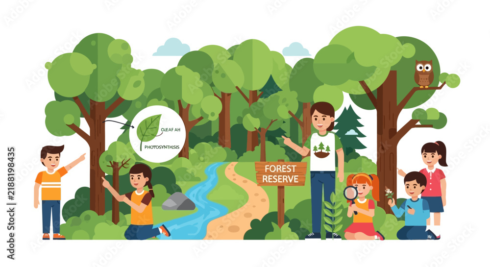 Fototapeta premium Children Learning About Nature in a Forest Reserve Illustration