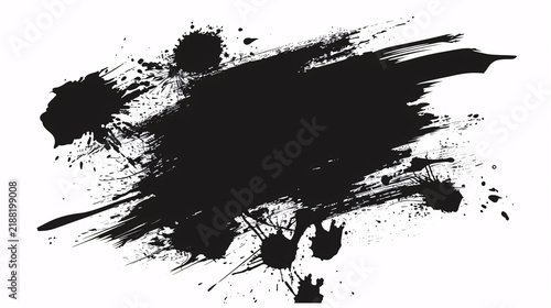 Black ink brush stroke with paint splatters on white background