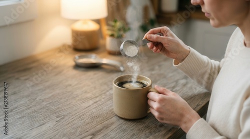 As a person delicately pours powdered creamer from a silver scoop into a warm steaming ceramic mug of freshly brewed dark coffee on a rustic wooden table