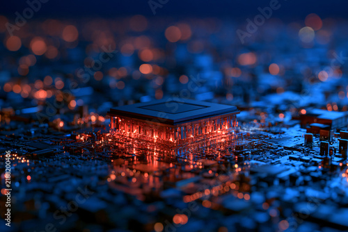Glowing central processing unit core and circuit board with artificial intelligence