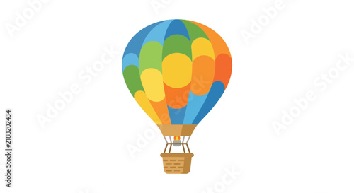 Colorful hot air balloon illustration features a wicker basket and patchwork design