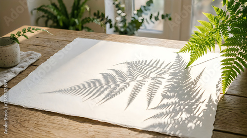 Fern leaf shadow cast on a clean white paper surface on a wooden table with green plant decor