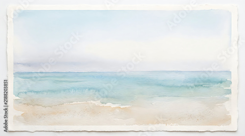 Soft watercolor painting of a calm blue ocean beach with gentle waves and sandy shore on paper texture
