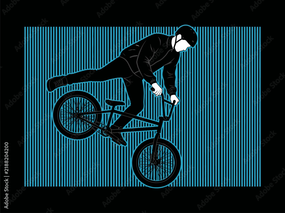 Obraz premium Stylized BMX rider performing mid-air stunt vector illustration. Urban extreme sports jump on blue striped background.