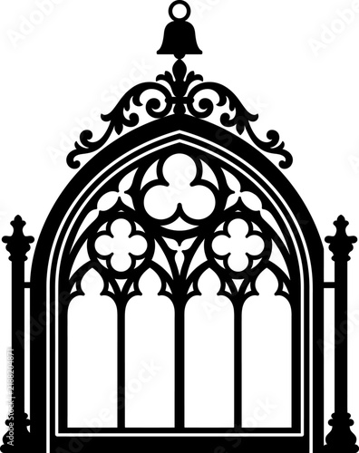 Vintage Gothic Cathedral Arch Window Silhouette Vector Graphic Featuring Tracery And Bell Top
