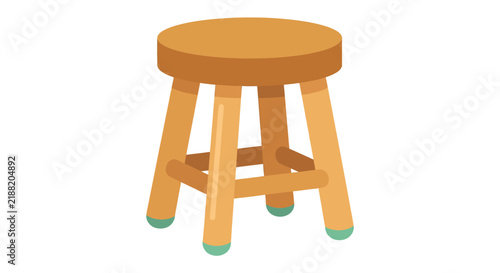 Wooden stool with rounded seat and tapered legs is presented in a flat vector style