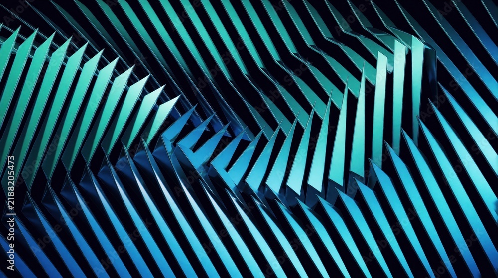 Obraz premium Abstract 3D render of metallic triangles in a cool blue and teal gradient forming a sharp wave pattern. Futuristic geometric backdrop with clean lines and sharp edges, representing advanced tech.