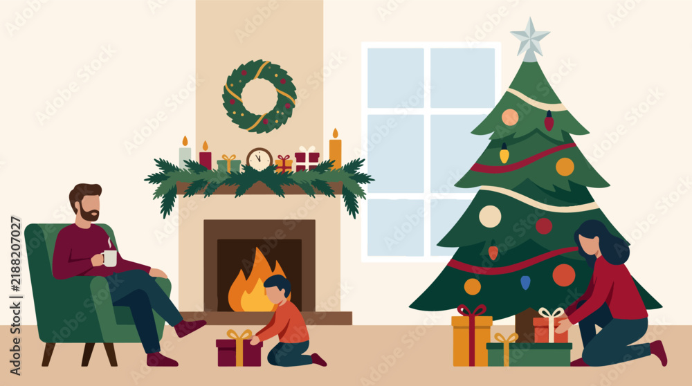 Naklejka premium Happy family unpacking colorful presents near a burning fireplace on christmas