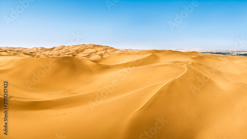 Bild auf Leinwand Rolling golden sand dunes under a clear blue sky in the Kumtag Desert, showing curved ridges in bright sunlight