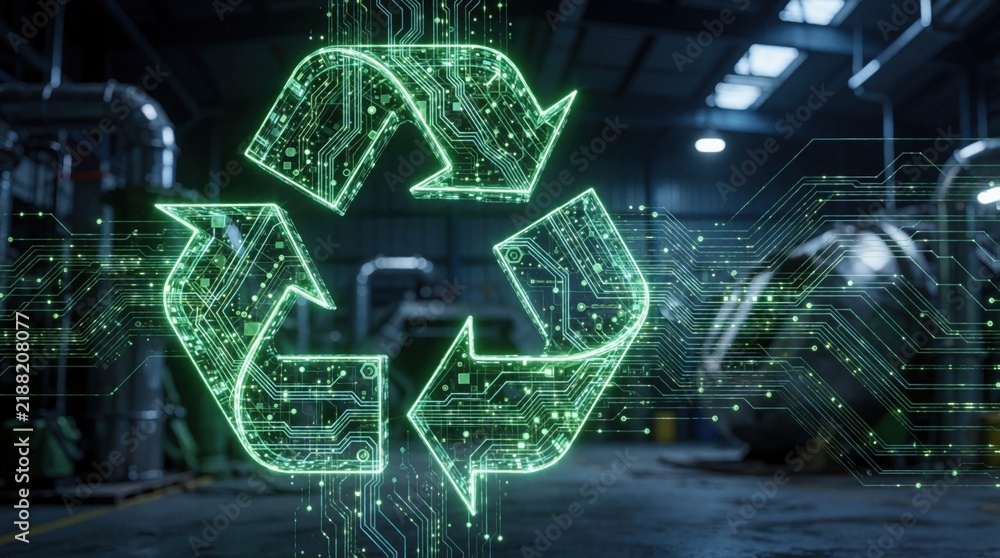 Obraz premium Green digital recycle symbol glows over industrial facility. Technology merges with circular economy concept, processing materials for reuse in smart manufacturing.