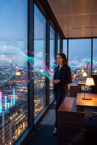 Businesswoman by an office window overlooking financial data waves and the city