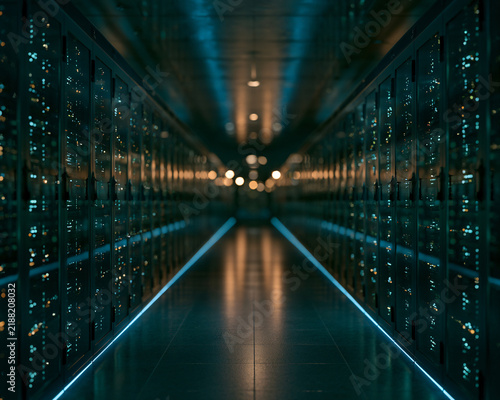 Server room data center interior corridor with glowing lights and server racks