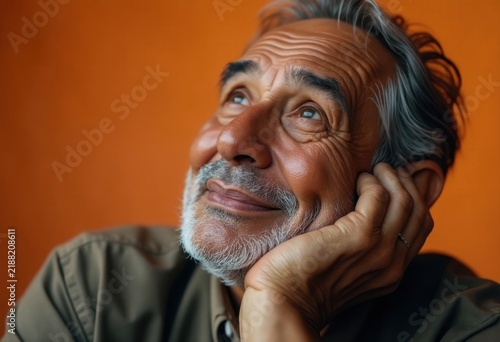 Old man smiling, looking up.