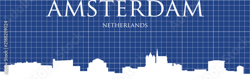 Blueprint technical grid drawing of a white minimalist skyline poster panorama of AMSTERDAM, NETHERLANDS