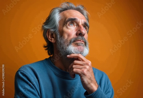 Man with gray beard, thinking pose, dark green shirt.