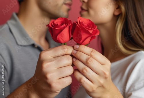 Couple holding roses in front of their faces.