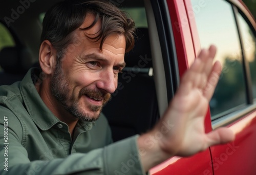 Man waving in car.