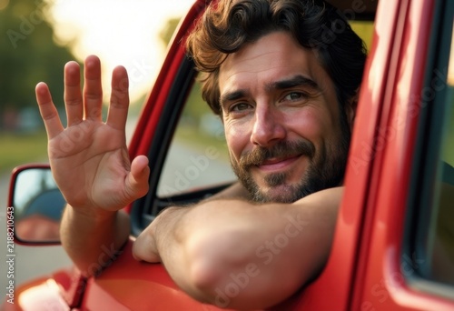 Man waving goodbye from truck window.