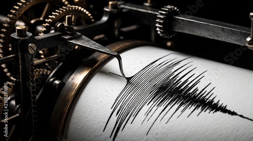 Mechanical seismograph traces earthquake seismic waves on paper roll. Antique scientific instrument records ground motion with pen and gears. Vintage tech.