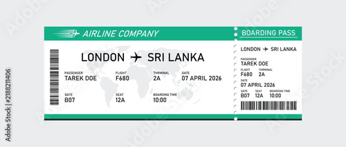 Teal and white airline boarding pass template for a flight from london to sri lanka featuring a map background, and barcode