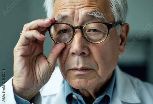 Older Asian man with glasses, scratching his head in confusion or frustration.