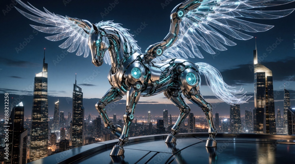 Obraz premium Mechanical Pegasus with glowing wings stands atop modern skyscraper overlooking futuristic city skyline at twilight. Robotic horse made of steel, chrome possesses advanced technology, mythical
