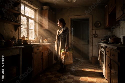 Elderly Woman in Sunlit Kitchen with Grocery Bags