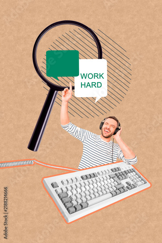 Fotografie Vertical poster image art collage of happy manager man listen music headphones k
