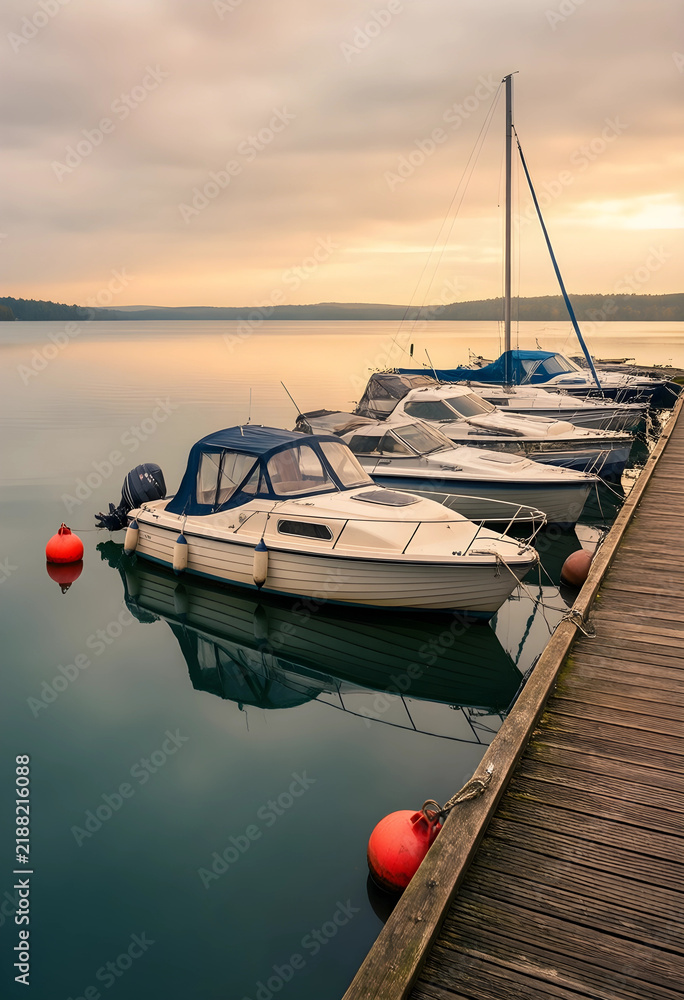 Fototapeta premium Leisure travel and vacation lifestyle, motorboats moored at a wooden pier on a calm lake during a peaceful golden hour sunset in the countryside