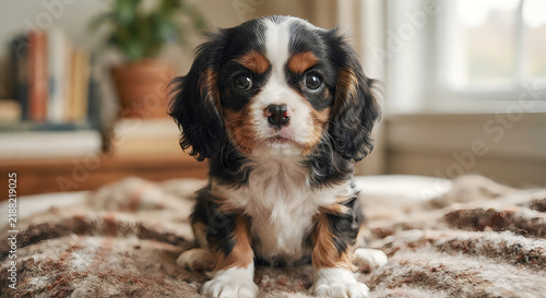 Cute black and tan puppy sitting on a cozy floral blanket indoors
