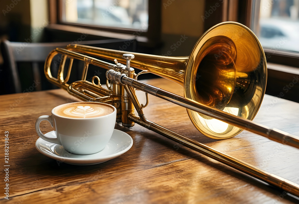 Obraz premium Jazz music and coffee culture, brass trombone instrument with a latte cup on a wooden table in a cafe for creative inspiration and artistic lifestyle