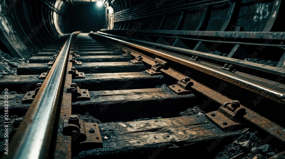 Obraz premium Dimly lit subway tunnel features worn train tracks leading into darkness. Rusty rails and old wooden sleepers show age and disuse, creating mysterious industrial atmosphere. Journey into unknown.