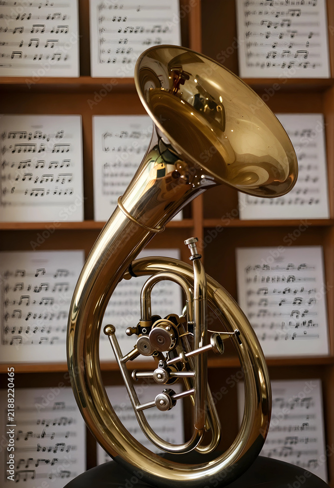 Obraz premium Classical music and orchestral performance, vintage brass wagner tuba instrument with sheet music background for symphony concert and musical education