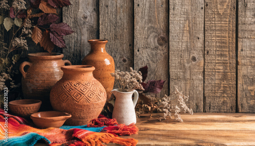 Natural wood, terracotta pottery, vibrant woven textiles and dried foliage create a warm Mexican autumn background