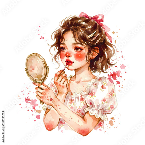 Elegant Young Woman Applying Lip Tint with Cosmetic Applicator Watercolor Illustration for Beauty Designs