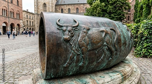 Bronze sculpture with bull relief in city square