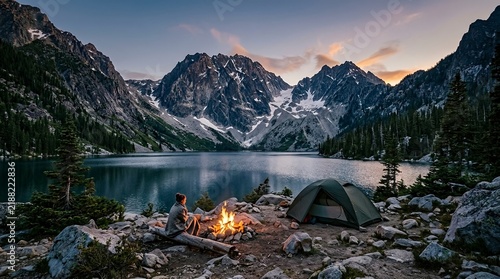 Camping by alpine lake with campfire and mountains