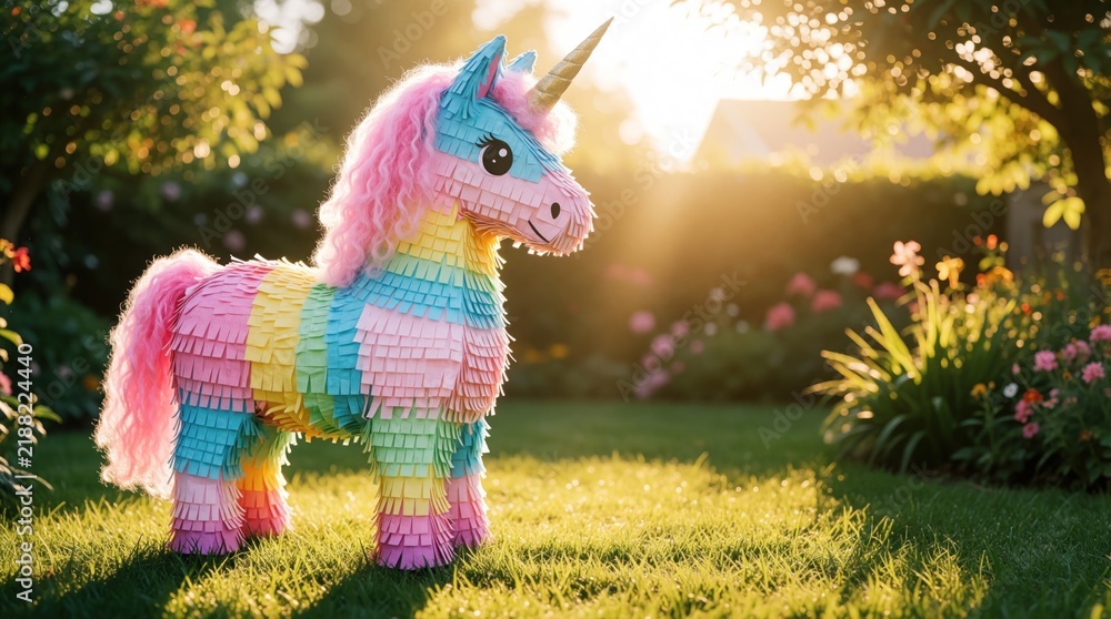 Fototapeta premium Colorful unicorn pinata stands on green grass in sunny garden. Vibrant rainbow paper decoration for kids birthday party. Whimsical mythical animal toy sits among summer flowers, trees during bright