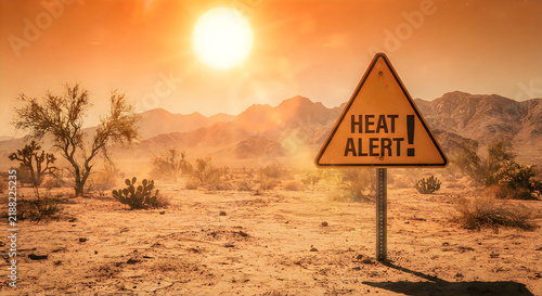 Heat alert warning sign in a desert landscape during sunset